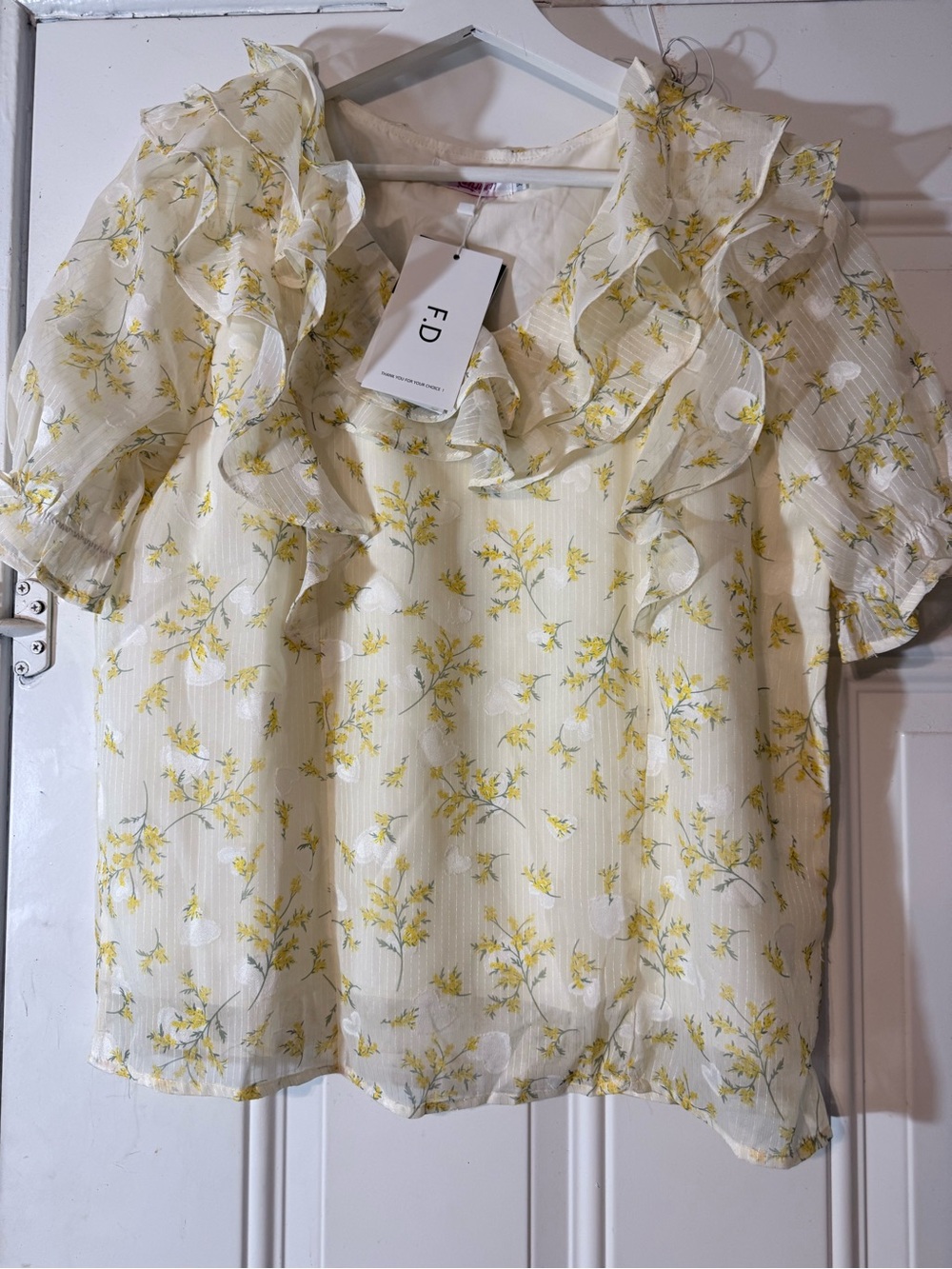 Yellow Floral Ruffle Short Sleeve Blouse